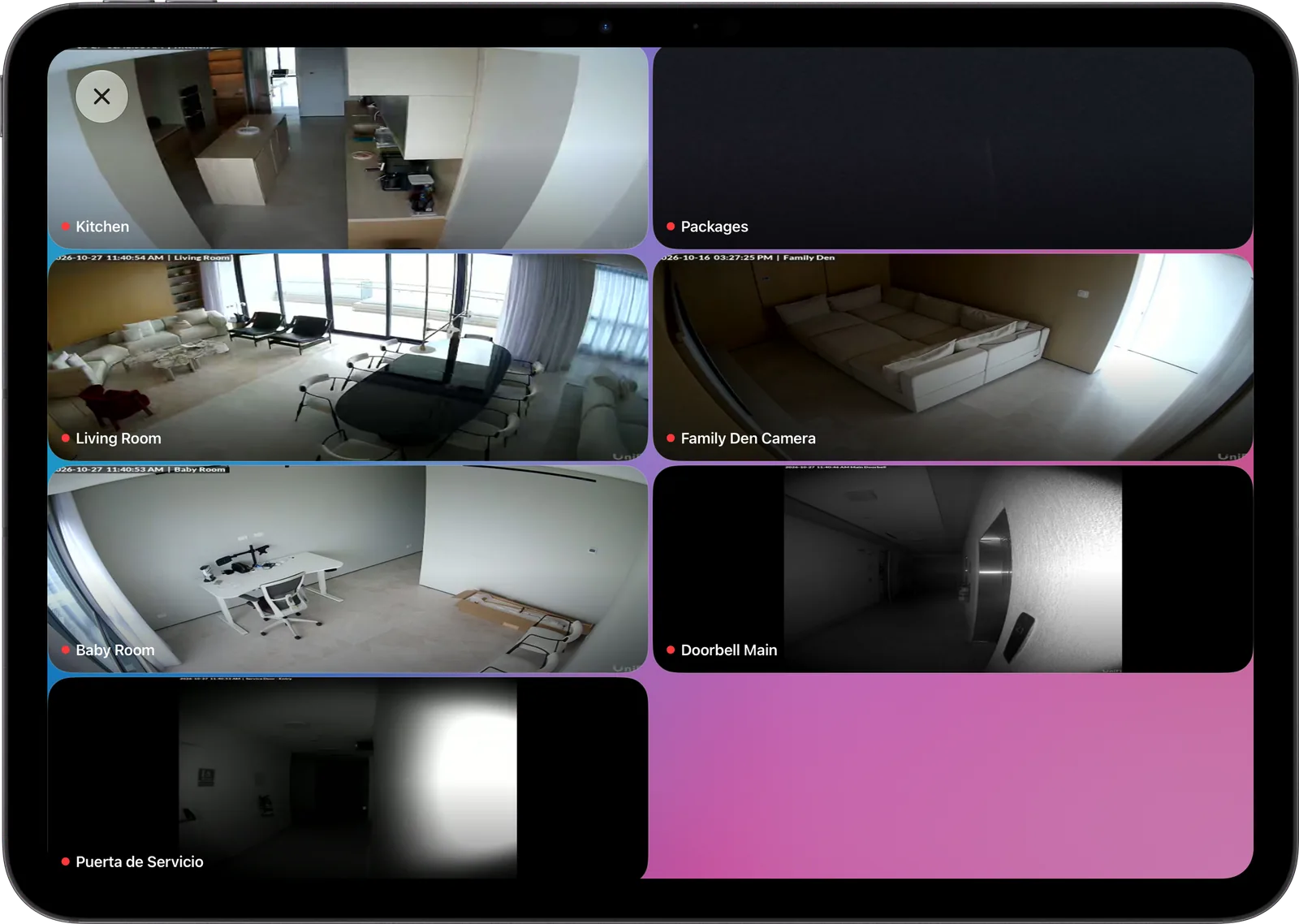 Grid of six live camera feeds