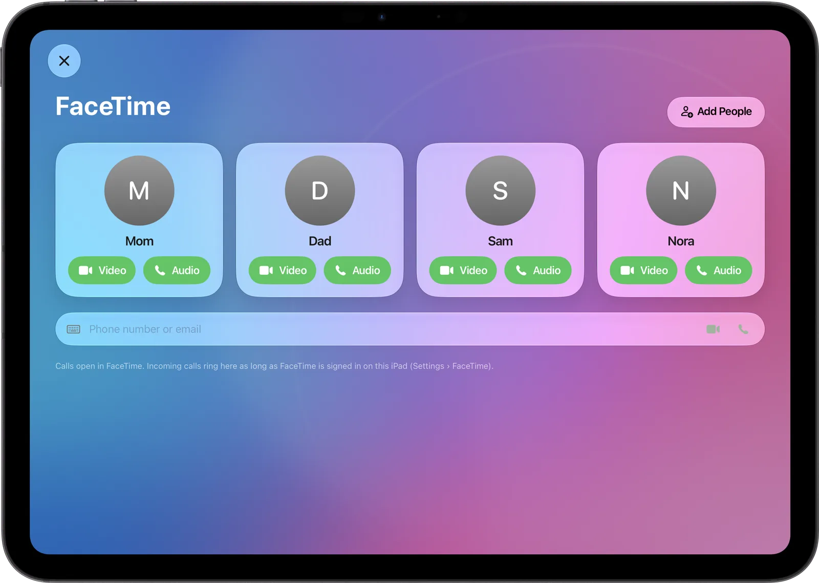 FaceTime app with four family contacts
