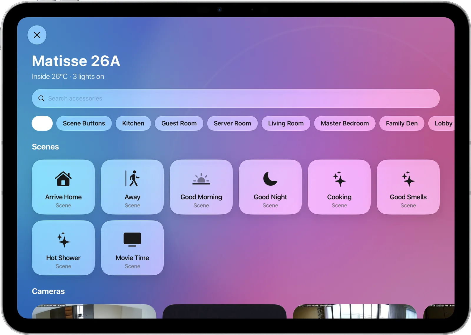 Home app: scenes, rooms and cameras with a search field