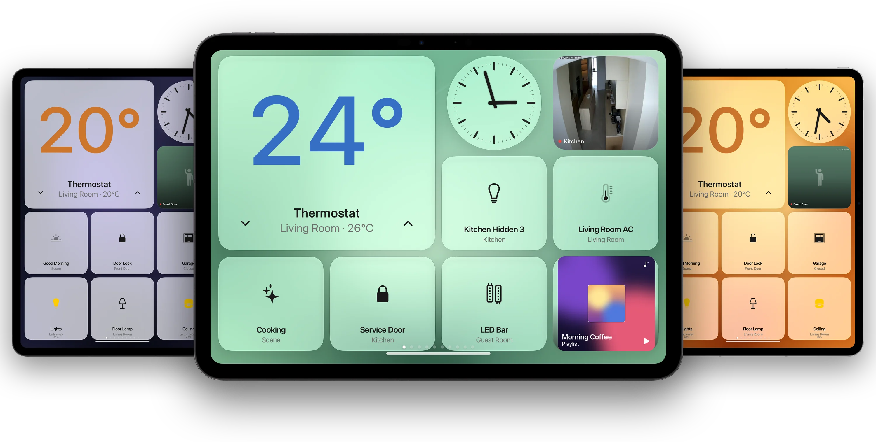 Three iPads showing the WallGlass Home dashboard in green, midnight and amber: thermostat, clock, camera, lights, locks and scenes