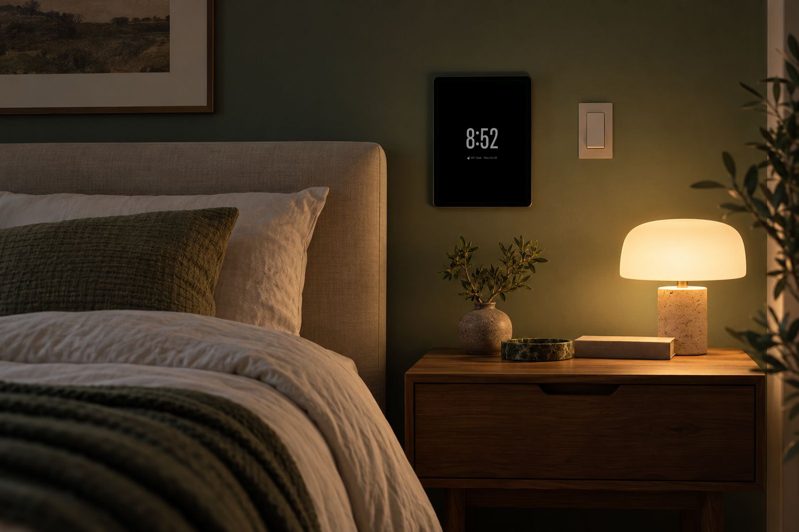 Bedroom at night with the iPad mounted above the bedside table showing the dim clock